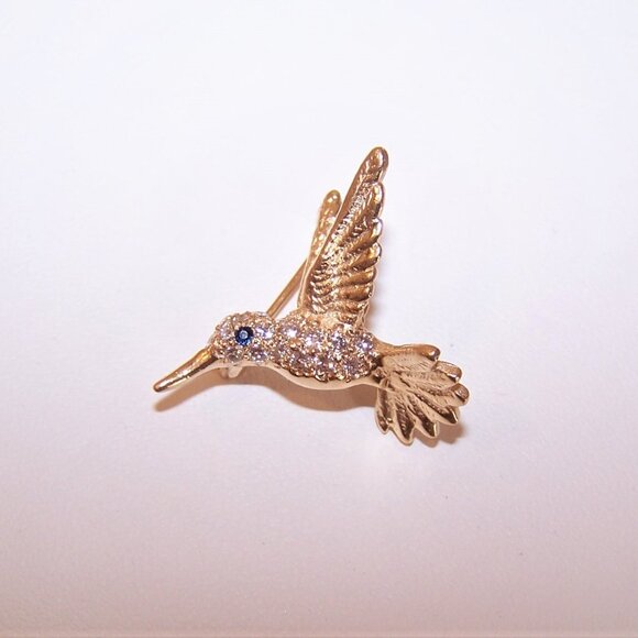 14K Gold Pave Diamond Blue Sapphire Pin Brooch - Hummingbird in Flight - Picture 5 of 7